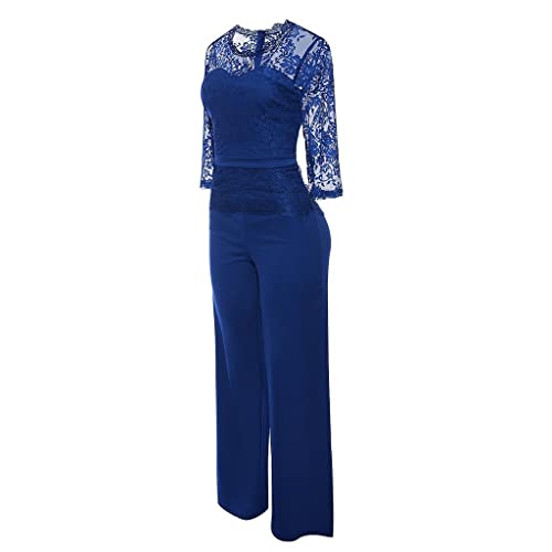 Petite Dungarees For Women Length Lace Royal Blue Overalls Casual Summer Elegant 3/4 Sleeve Panel Jumpsuit Sexy Party And Evening Playsuits Romper Trousers Office Workwear Holiday Pants Clearance - Image 4