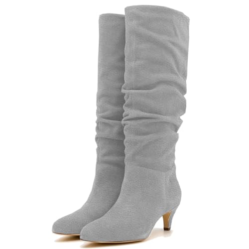 LEHOOR Women Low Kitten Heel Knee High Boots Pointed Toe Suede Slouch Dress Boots Pull On Short Heel Wide Calf 4-11 M US