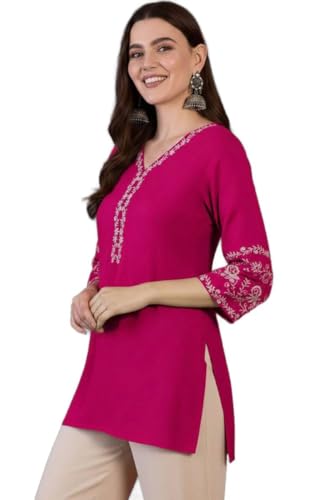Image of MAHIRA'S Women's Short Kurti, Black Rayon Tunic Top with Embroidered Sleeves, 3 /4 Designer Sleeves