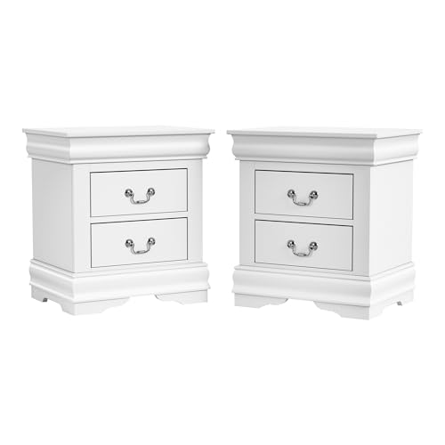 Furniture of America Louis Philippe Traditional Solid Wood Nightstands Set of 2, Bedside Table with Drawers and Antique Nickle Handles, No Assembly Wooden Night Stands for Bedrooms, Guest Room, White