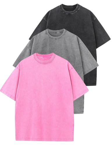 Wyeysyt Oversized Tshirts for Women Vintage Washed Baggy Tees Cotton Short Sleeves Acid Shirts Unisex Tops(BlackGreyPink-M)
