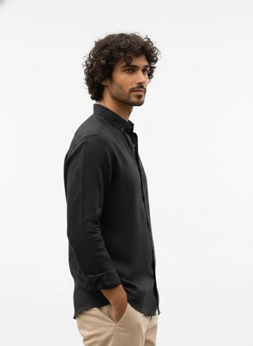 Image of Men's Linen Cotton Shirt | Solid Design | Full Sleeve | Regular Fit | Button Down Collar | Summer Casual & Formal Wear