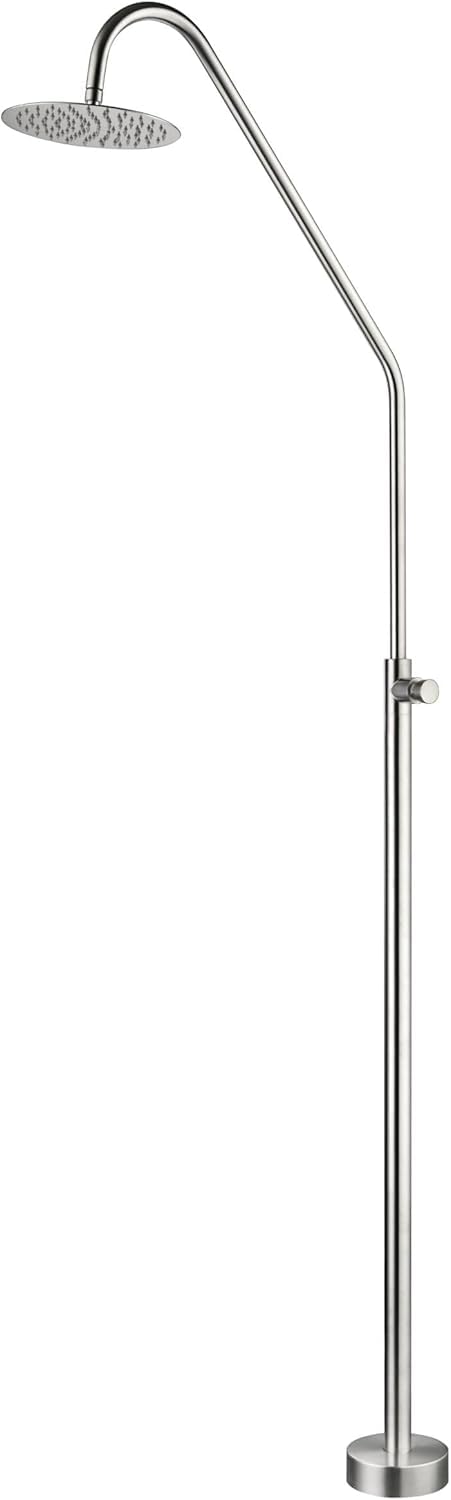 Mice - Ducha Exterior para Piscina y Jardín, 225 cm de Alto con Rociador de 25 cm diametro, Salida de Agua con Botón Temporizador 15 Segundos, Agua Fría - De Acero INOX S316 - Gatantia de 10 años