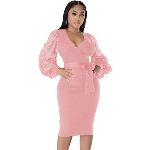 Image of BOGURST Semi Formal Church Dresses for Women Bishop Sleeve Sexy V Neck Bodycon Midi Dresses