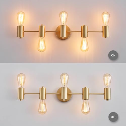 Image of WUZUPS 5-Light Bathroom Light Fixture Over Mirror Morden Vanity Wall Scones Light for Bedroom Living Room, E26 Base, Gold