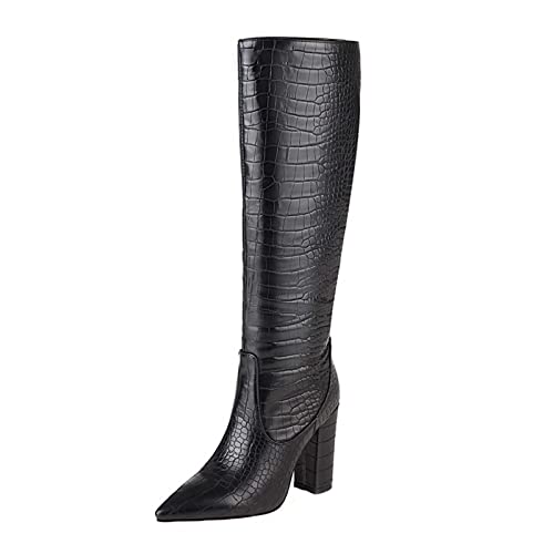 Womens Chunky High Heel Knee Boots - Fashion Pointed Toe