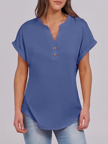 ANRABESS Womens Short Sleeve Henley Tops V Neck Dressy Casual Blouses Summer Trendy Tee Shirts 2025 Vacation Fashion Clothes Blue XX-Large - 3