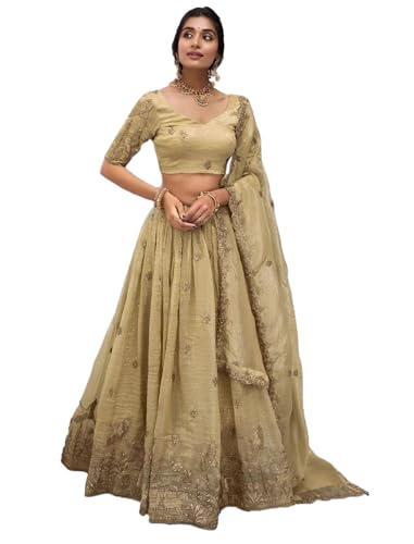 Image of JIHU CULTURE Beige Silk Thread Sequence Embroidery Work Semi-Sttiched Lehenga Choli Set For Women