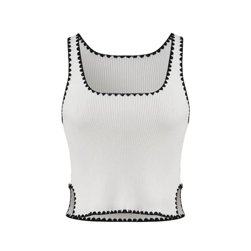 Women's Vest Casual Square Neck Sleeveless Side Contrasting Color Slim Knit Crop Top with Exposed Navel