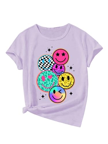 Image of Floerns Girl's Smiling Face Graphic Crew Neck T Shirt Short Sleeve Casual Cute Tee Top