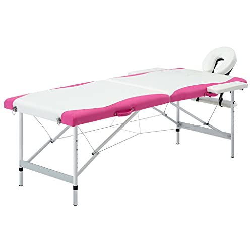 aphrophina 2-Zone Foldable Massage Table with Adjustable Height, Durable Foam Padding, Portable Design, White and Pink