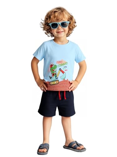 Image of HILEELANG Toddler Boy Summer Short Clothes Sets Cotton Crewneck Tees Shorts Pocket Adjustable Knite Shorts Playwear Sets