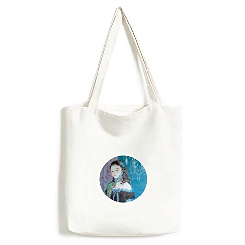 Sac de shopping en toile aquarelle bleu fille cabas réutilisable