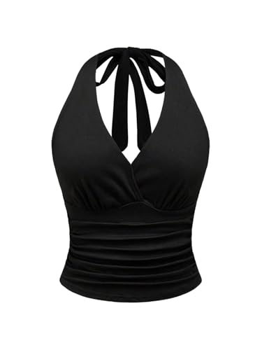 GORGLITTER Damen Trägertop mit Leopardmuster Y2K Top Festival Outfit Oberteil Neckholder Partytop Schwarz S