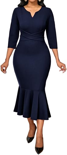 Image of Elegant Dress for Women Sexy V Neck Long Sleeve Bodycon Midi Fishtail Dresses