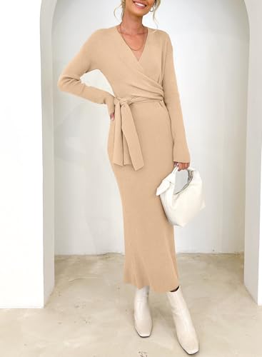 Image of Happy Sailed Womens Knit Dress Spring Long Sleeve Wrap V Neck Tie Waist Ribbed Sweater Dresses