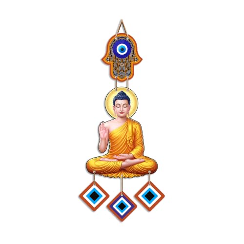 Image of Artvibes Buddha Wall Hanging with Evil Eye Charms | Spiritual Wooden Decor Symbolizing Peace | Growth and Positive Energy | Decorative Hanging for Living Room | Meditation Room | Art Gift (WH 85101N)