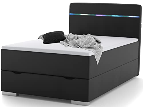 wonello Monza Boxspringbett 120x200 mit Bettkasten in Schwarz I LED...