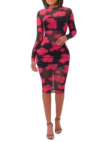 Image of Women Sexy See Through Mesh Long Sleeve Ruched Midi Dresses Crop Top Bodycon Skirt 3 Piece Outfits Set Clubwear