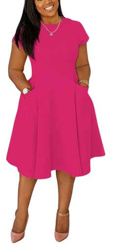 Image of Summer Dresses for Women Semi-Formal Fit Casual Slim Short Sleeve O-Neck Elegant Swing A Line Midi Dresses with Pockets