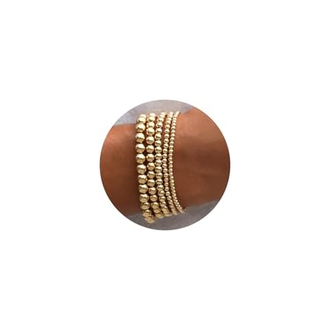 17 MILE Gold Beaded Bracelet for Women, 14K Gold Plated Stackable Stretch Bead Ball Bracelet Set Adjustable 7" Cover