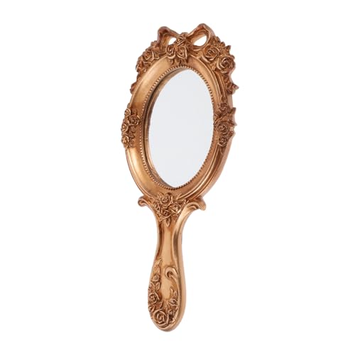 OUNONA Hand Mirror Vintage Gold Portable Travel Handle Mirror Resin Material Lifelike Reflection Delicate Handheld