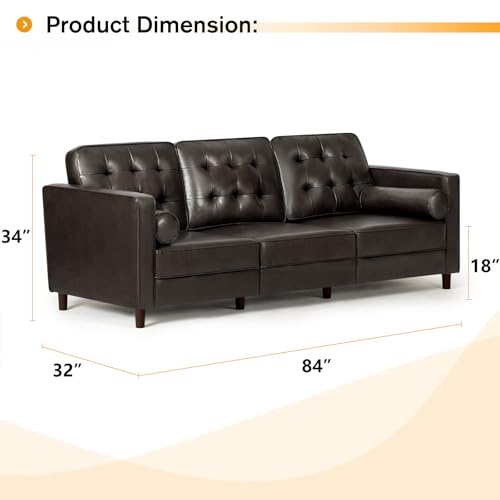 Image of 84 inch Premium Faux Leather 3-Seat Sofa w /2 Bolster Pillows and Tufted Backrest, Mid-Century Modern Sofa, Luxury Couch for Living Room, Bedroom, Office, Dark Brown