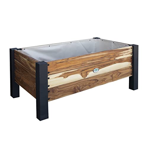 Image of Backyard Discovery 48 inch Teak Wood Garden Bed Planter Box with Galvanized Steel Legs, Mesh Liner for Outdoor Gardening, Patio, Balcony, Deck, Porch