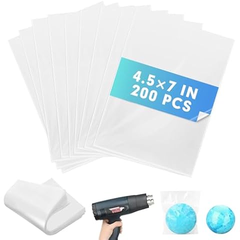Shrink Wrap Bags, [200 Pcs] 4.5 * 7 Inches Clear PVC Heat Shrink Wrap Bags, Small Shrink Wrap Bags for Packagaing Soap Bath Bombs Candles and Homemade DIY Projects Cover