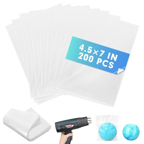 Image of Shrink Wrap Bags, [200 Pcs] 4.5 * 7 Inches Clear PVC Heat Shrink Wrap Bags, Small Shrink Wrap Bags for Packagaing Soap Bath Bombs Candles and Homemade DIY Projects