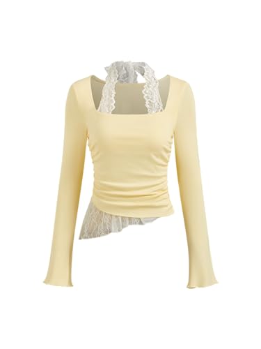 CIDER Long Sleeve Tops for Women Halter Neck Asymmetrical Ruched Lace Trim Knit Top Going Out Tops Blouse