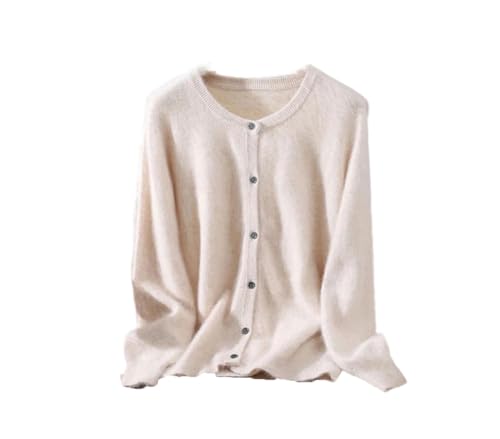Suéter de cachemir de visón para mujer, cuello redondo, botones, cárdigan suave y cálido, suéter trenzado casual de manga larga, beige, XL