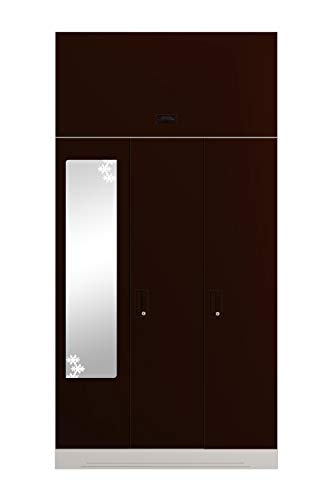 Image of Interio by Godrej Almirah Slimline 3-Door Steel Almirah, Cupboard for Clothes (Royal Ivory and Russet), 1-Year Warranty, 7 Shelves, with Over Head Unit, 1 Locker, Star Design Mirror
