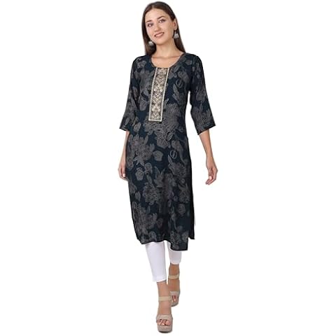 ladyline Women's Rayon Printed Long Tunic Kurti - Ethnic Embroidered Sequins Kurta Top Round Neck (CPEK HRP695) (46/ Pine) Cover