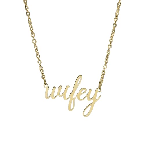 925 Sterling Silver Wifey Necklace To My Best Wife Charm Text Script Wifey Necklaces Mrs Necklace for Women Bachelorette Bride Just Married Ring Gold Pendant Trendy Jewelry