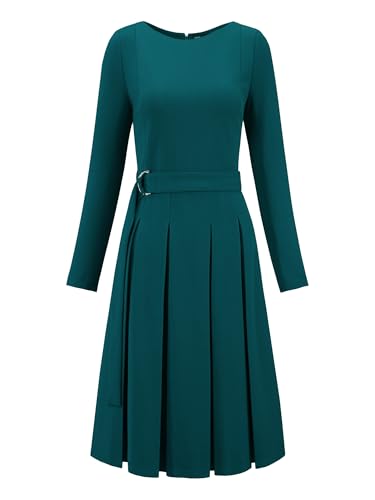 Women's Pleated Dress Long Sleeve Crew Neck Tie Waist Business Work A Line Dresses