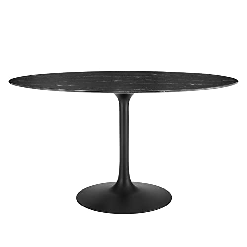 Image of Modway Lippa Oval 54 inch Mid-Century Modern Artificial Marble Dining Table in Black Black