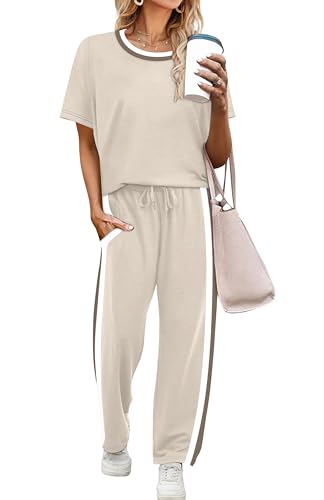 WIHOLL Plus Size Spring Clothes for Women 2026 Summer Outfits Two Piece Pajama Sets Wide Leg Crop Pants Matching Vacation Short Sleeve Top Apricot 2XL