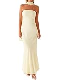 LYSINK Women Summer Floral Strapless Dress Sexy Sleeveless Backless Maxi Dress Y2k Mesh Bodycon Tube Sundress with Scarf (A-Yellow, M)