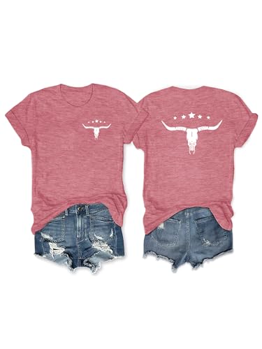 Anbech Womens Western Graphic Cowgirls Shirt Rodeo Print Tops Short Sleeve Cowboy Tops, Pink, L