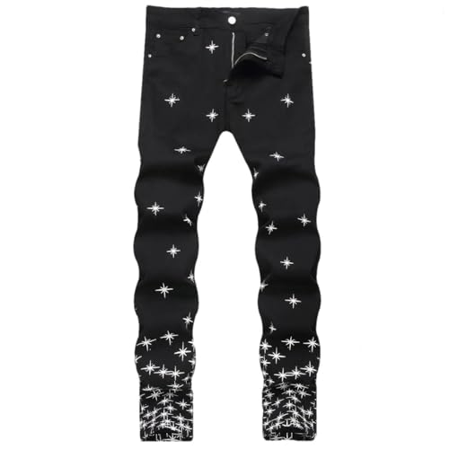 Men's Mid-Waist Am Embroidered Elastic Slim Fit Skinny Jeans Long Pants