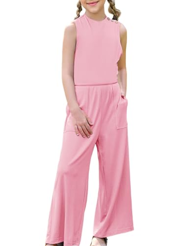 Haloumoning Mädchen Jumpsuits Weites Bein Hosen Loose Fit Ausgeschnittener Rücken Overall Casual Strampler Rosa 120