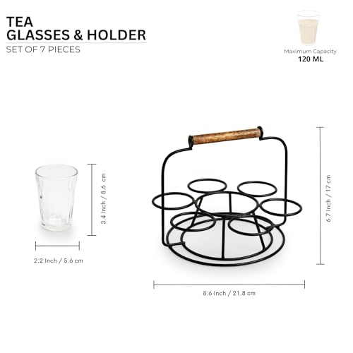 Image of ExclusiveLane 'Rail Express' Tea Glasses Set of 6 with Iron Holder (6 Glasses) | Chai Glasses with Stand Chai Cups Cutting Chai Glasses Tea Glasses with Handle Tea Cups Set of 6 Drinkware