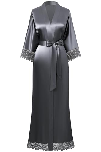 Image of BABEYOND Satin Kimono Robe Silky Long Bridesmaid Wedding Lightweight Bath Robe with Lace Trim