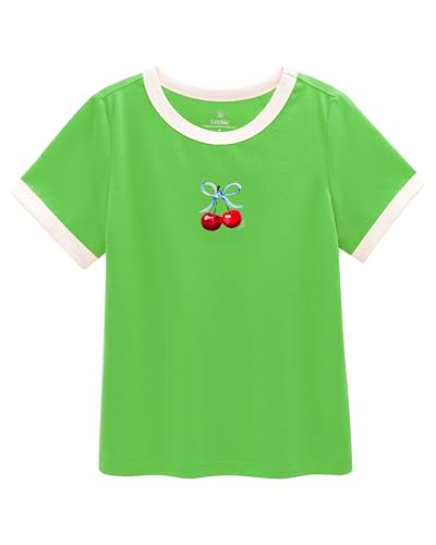 Stelle Girls Graphic T Shirt Crewneck for School(Very Cherry|Green,M)