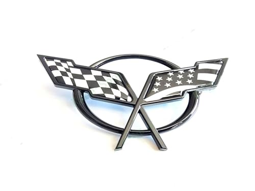 Image of 1Pc Corvette C5 Front Nose Cross Flags Emblem 3D Badge Nameplate Sticker Decal 19207384 Fit for 1997-2001 Corvette Crossed Flags (Front - w /Alignment Pins) (US Flag-Black)