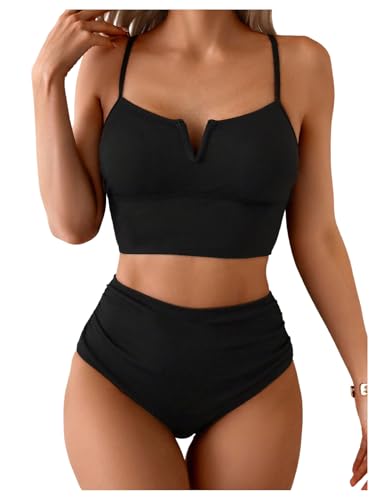 SweatyRocks Women's High Waisted Bikini Sets V Neck Twist Back Top Swimsuit Tummy Control Bathing Suit