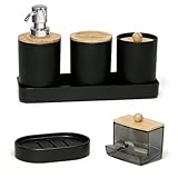 Neikafan Juego de Accesorios de Baño 6 Piezas Negro Opaco con Dispensador de Jabón, Jabonera, Bote para Cepillos de Dientes y Bandeja, Portacepillos para Múltiples Espacios, como la Cocina o el Baño