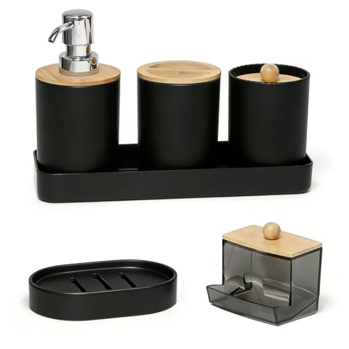 Neikafan Juego De Accesorios De Baño 6 Piezas Negro Opaco Con Dispensador De Jabón, Jabonera, Bote Para Cepillos De Dientes Y Bandeja, Portacepillos Para Múltiples Espacios, Como La Cocina O El Baño