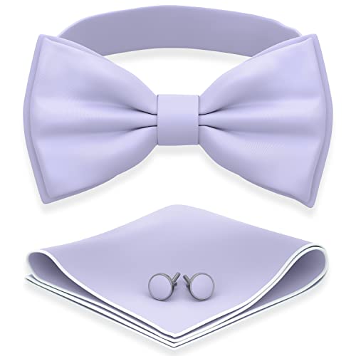 Image of Adam Young Men's Bow Ties with Handkerchief & Cufflinks Pre-Tied Style Formal Satin Classic Bowtie for Tuxedo Faux Silk